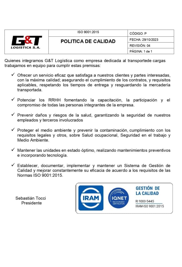 política de calidad, seguridad y medioambiente